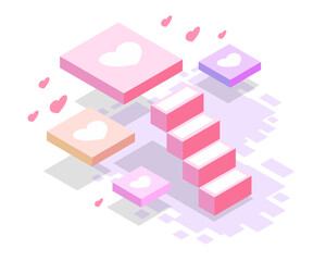 Isometric stack of pastel boxes with heart symbols floating above them