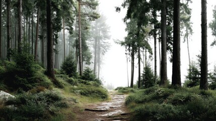 Fototapeta premium a scenic view of a forest trail with tall trees on a white isolated background, peaceful and natural design