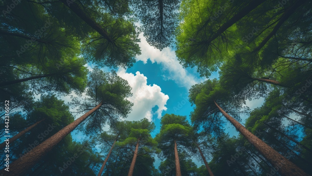 Aufkleber observe the sky above through the pine trees in the forest