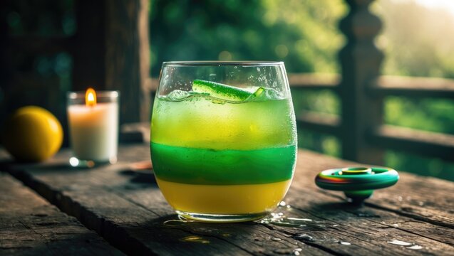 A captivating scene is shown from the side with a candle and a fidget spinner inside a glass.