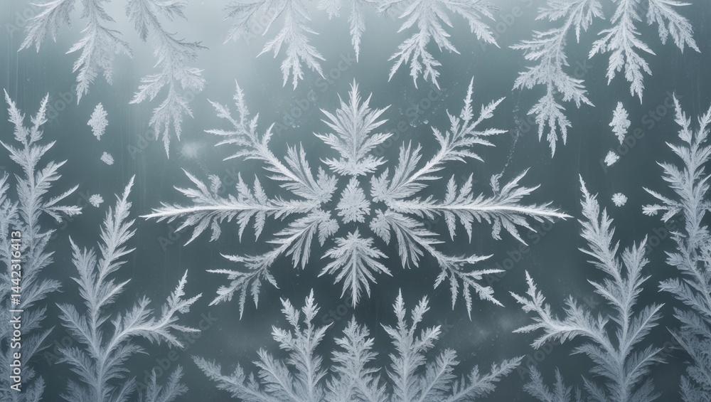 Aufkleber frozen design on glass, frost on window creating a natural texture. macro, copy space background.