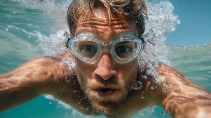 A man glides through clear water, his intense gaze fixed ahead as he swims in an underwater paradise. Surrounded by light, bubbles dance around him, enhancing the tranquility of the moment