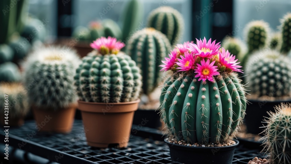 Poster cacti showcase colorful flowers with a focus on select details.