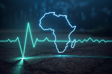 Africa Day neon animated heartbeat line in Africa continent shape on dark background