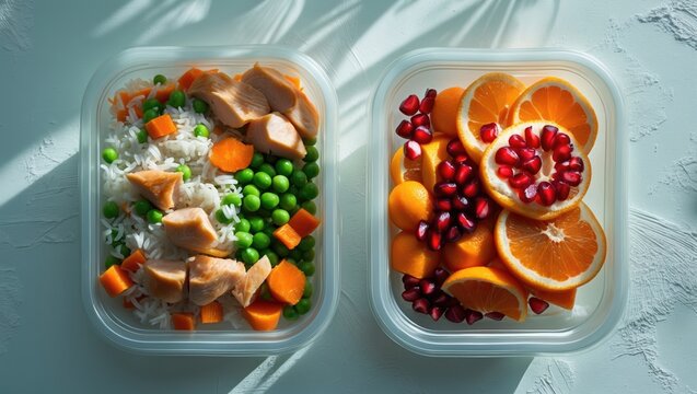 Healthy food packed in plastic containers ready to eat to go on background