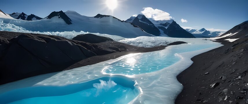 Alaskan glaciers melting into crystal clear pools reflecting bright cloudless skies