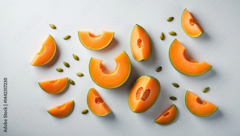 Aufkleber Top view of a cantaloupe melon isolated on a white surface, showcasing full depth of field and space for your text.