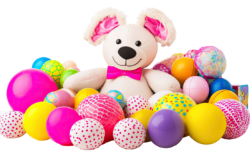 Easter celebration with colorful eggs and a stuffed animal