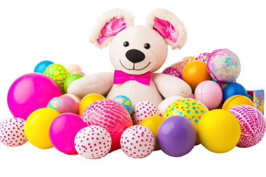 Easter celebration with colorful eggs and a stuffed animal