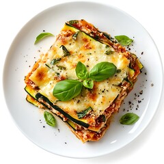 Zucchini lasagna on a white plate with basil garnish close up view shot