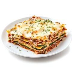 A square slice of lasagna with cheese and herbs on a white plate top