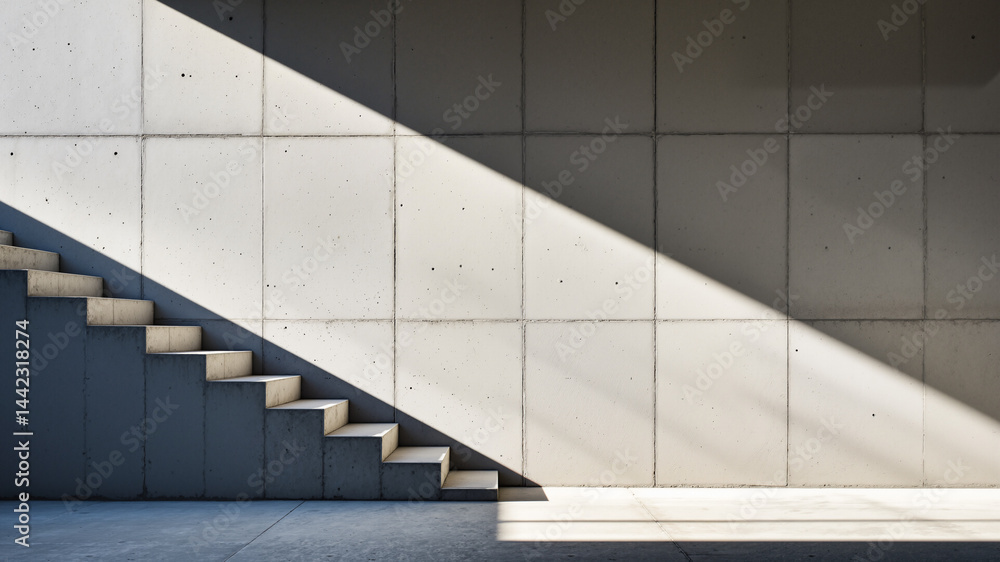 Poster the image shows a concrete staircase in an empty room with a light coming through the window