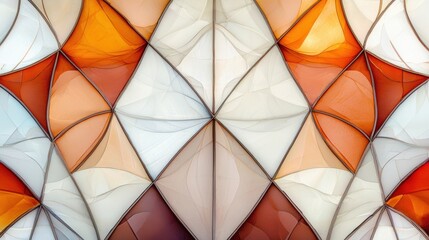 A geometric pattern of overlapping triangles in various shades of orange, white, and beige.