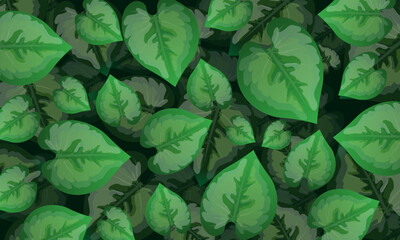 Flat seamless pattern of dense tropical green leaves and jungle foliage