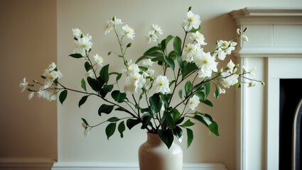 Stylish minimal interior featuring flowering branches in a vase near a fireplace