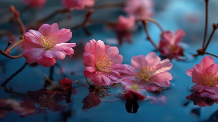 Floating pink cherry blossoms on reflective blue water surface in soft natural light ideal for Mother’s Day greeting cards, romantic spring visuals and floral-themed designs