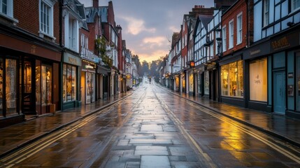Fototapeta premium A wet cobblestone street with buildings and lit storefronts at dusk
