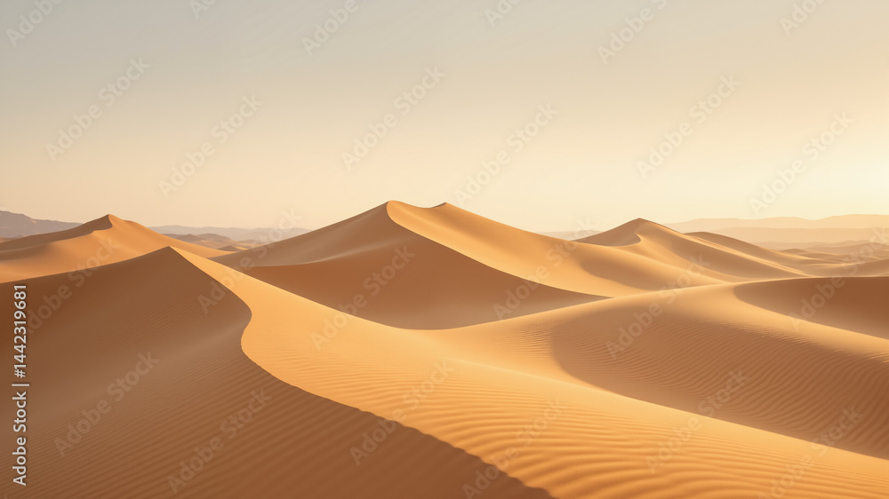 Poster the image shows a desert landscape with sand dunes in the foreground and mountains in the background