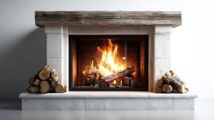 a cozy fireplace with logs burning on a white isolated background, warm and inviting atmosphere