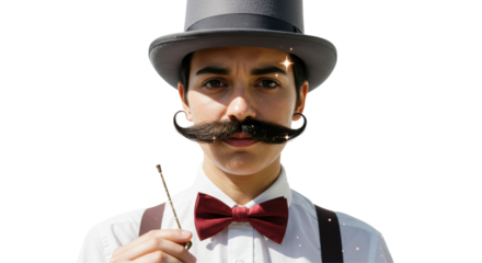 Isolated Portrait of Person with Moustache Bow Tie and Hat