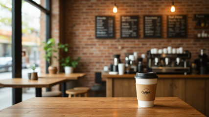 Fototapeta premium The image shows a coffee cup sitting on top of a wooden table in a coffee shop. In the background
