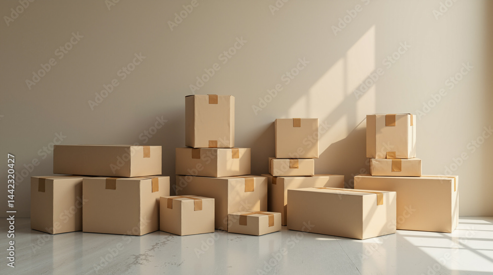 Poster the image shows a pile of cardboard boxes stacked on top of each other on the floor in front of a wa