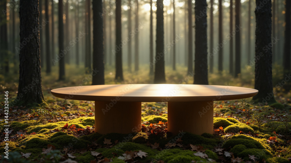 Poster the image shows a round table in the middle of a forest