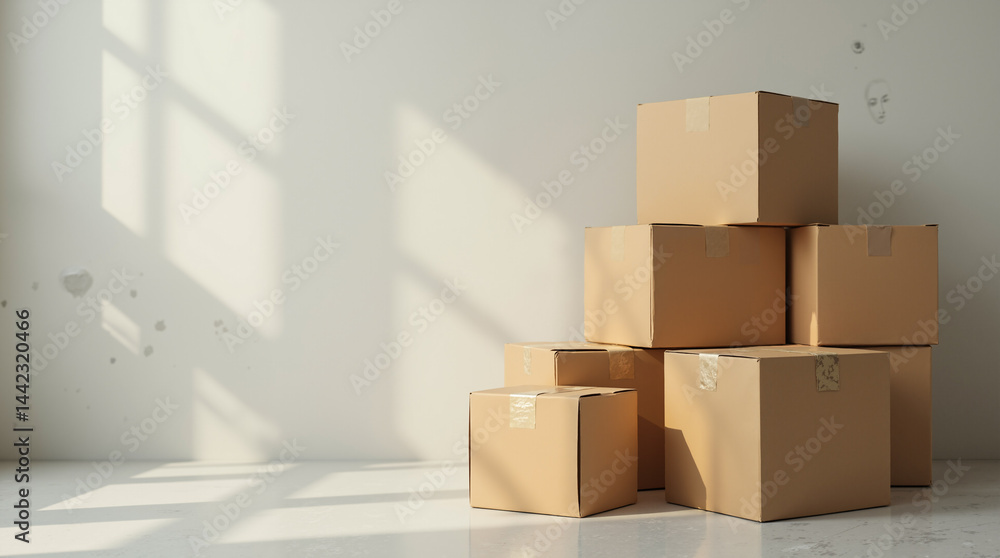Poster the image shows a pile of cardboard boxes stacked on top of each other in an empty room
