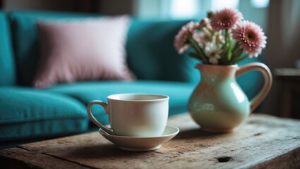 Room adorned with a cup and a vase of flowers
