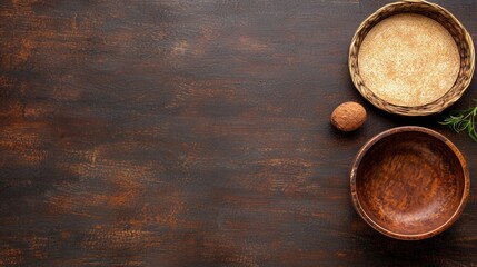 A rustic wooden table with three bowls and a nut.