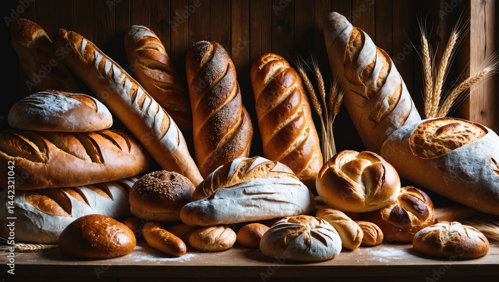 Poster panoramic view of various breads with a wheat topping.