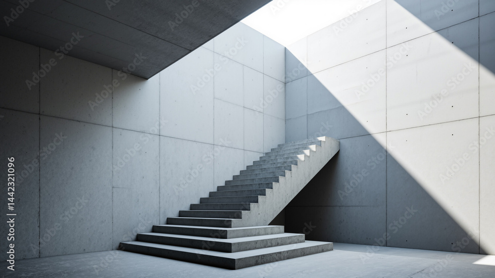 Poster the image shows a concrete staircase in an empty room with a skylight above it. the walls are made o
