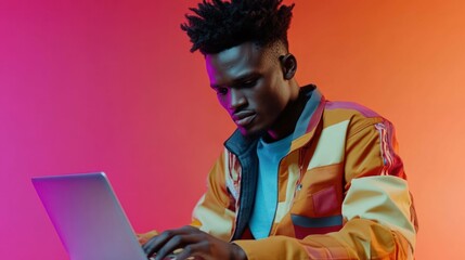 Focused African man uses laptop, intently typing, embraces digital technology, pursuing opportunity.
