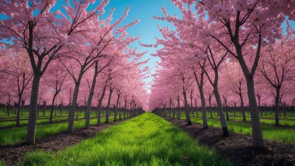Fototapeta premium Young cherry trees flowering in a sunny plantation at a nursery farm