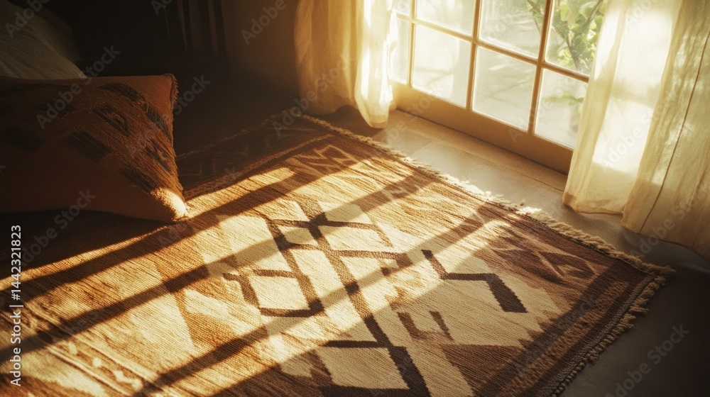 Poster sunlight streams across a floor and carpet next to a window