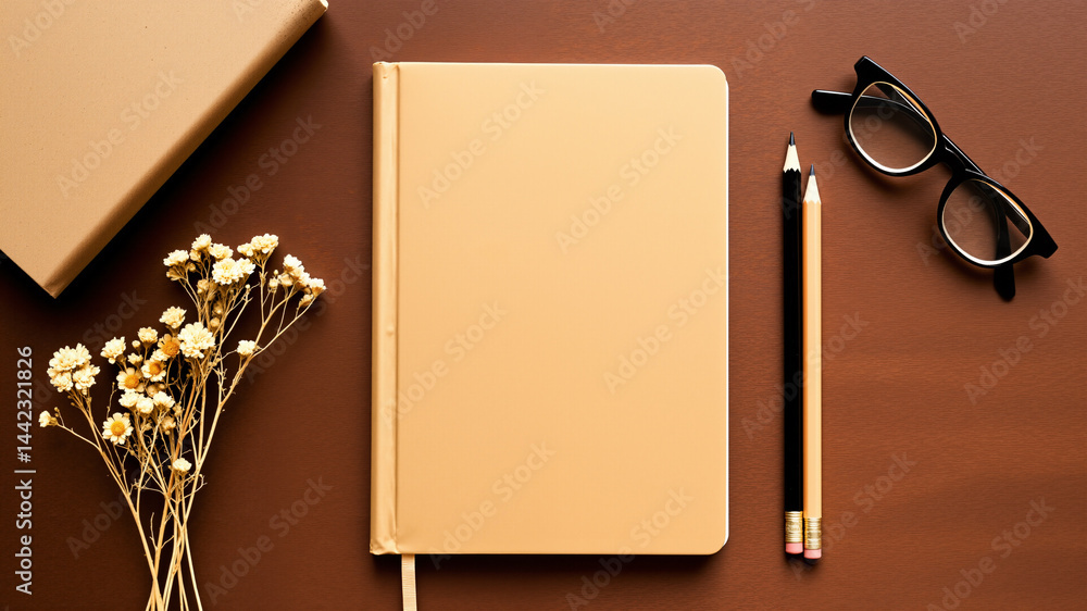 Poster the image shows a brown table with a notebook