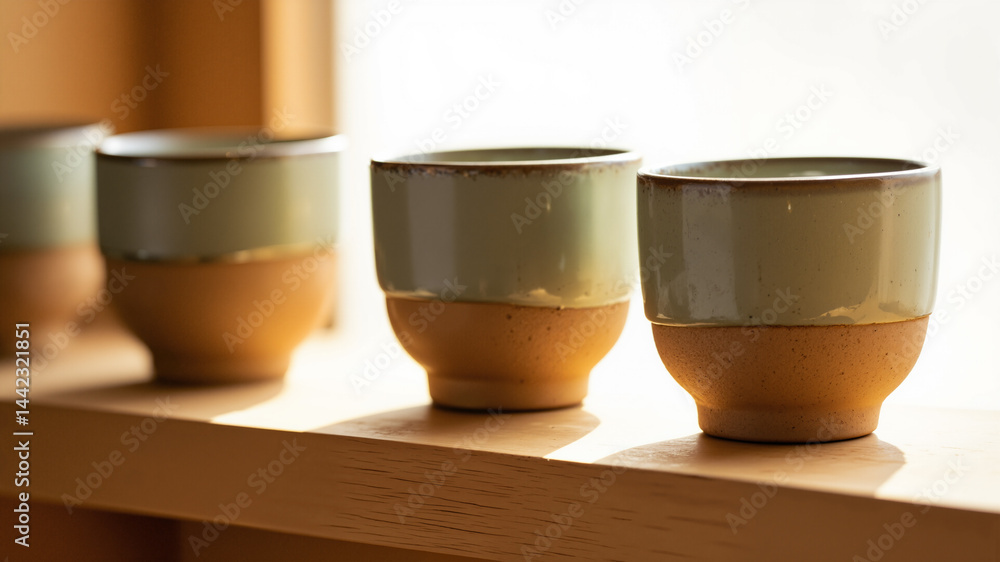 Poster the image shows three cups sitting on top of a wooden shelf next to each other. the background is sl