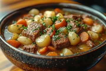 Beef stew, carrots, potatoes, parsley, wooden table, autumnal