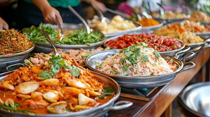 Obraz premium Colorful food spread at local market asian cuisine culinary showcase outdoor setting eye-level view cultural experience