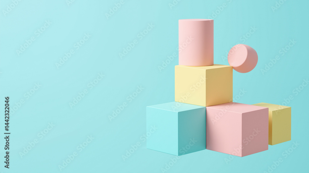 Poster the image shows a stack of colorful cubes on a blue background. the cubes are of various sizes and c