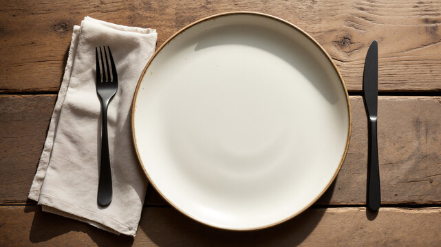 The image shows a white plate with a fork and knife placed on top of a napkin on a wooden table.