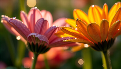 Close-up of flowers in the morning dew. Yellow and pink chrysanthemum