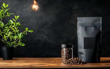 Dark roasted coffee beans in packaging, beside a plant
