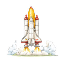 Obraz premium A cartoon space shuttle takes off from Earth on a mission to the stars.