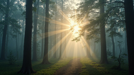 Fototapeta premium The image shows a path winding through a foggy forest with the sun shining through the trees