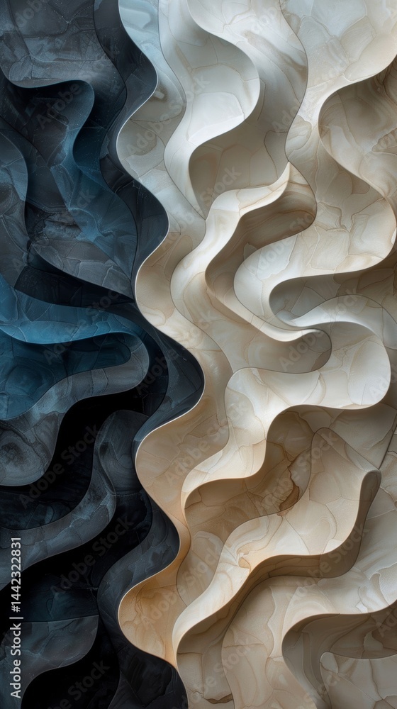 Poster abstract design featuring flowing wavy patterns in contrasting colors showcasing textures and depth