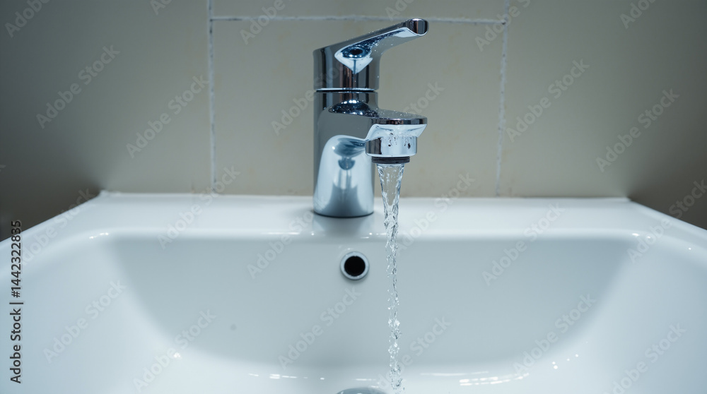 Poster the image shows a white sink with a faucet running out of it