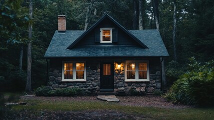 A cozy stone cottage with lights illuminated in the windows