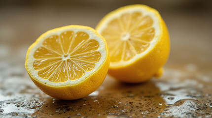 The image shows two lemons on a table with water droplets on them