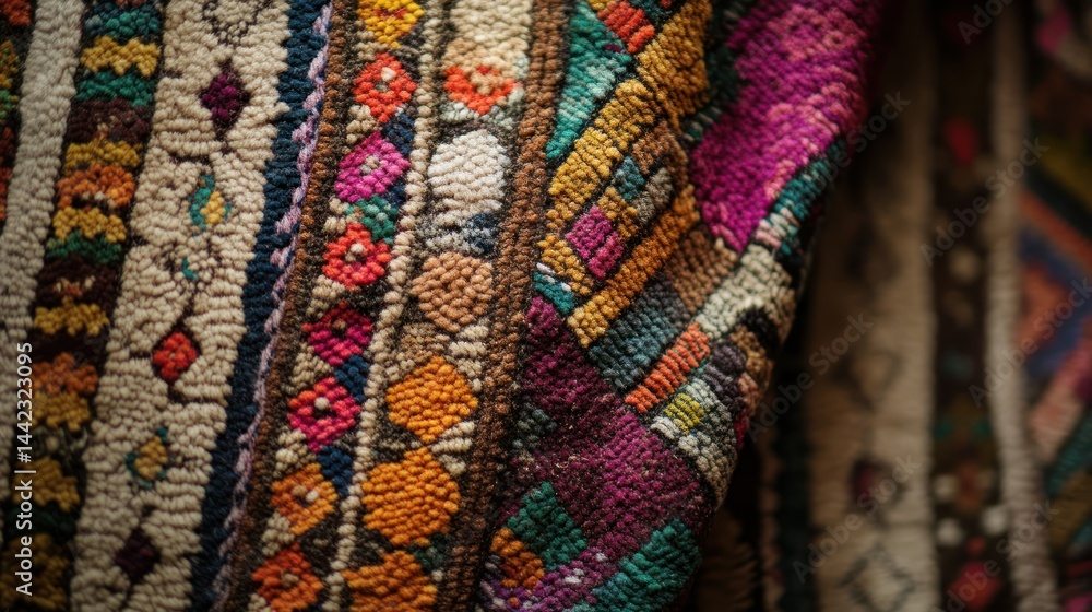 Poster a close up image of a colorful patterned textile